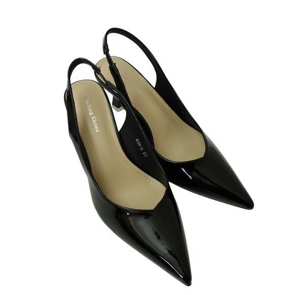NEW Xin Jing Shoes Pump Slingback Kitten Heel Pointed Toe Leather Black Size 37 - Picture 1 of 9